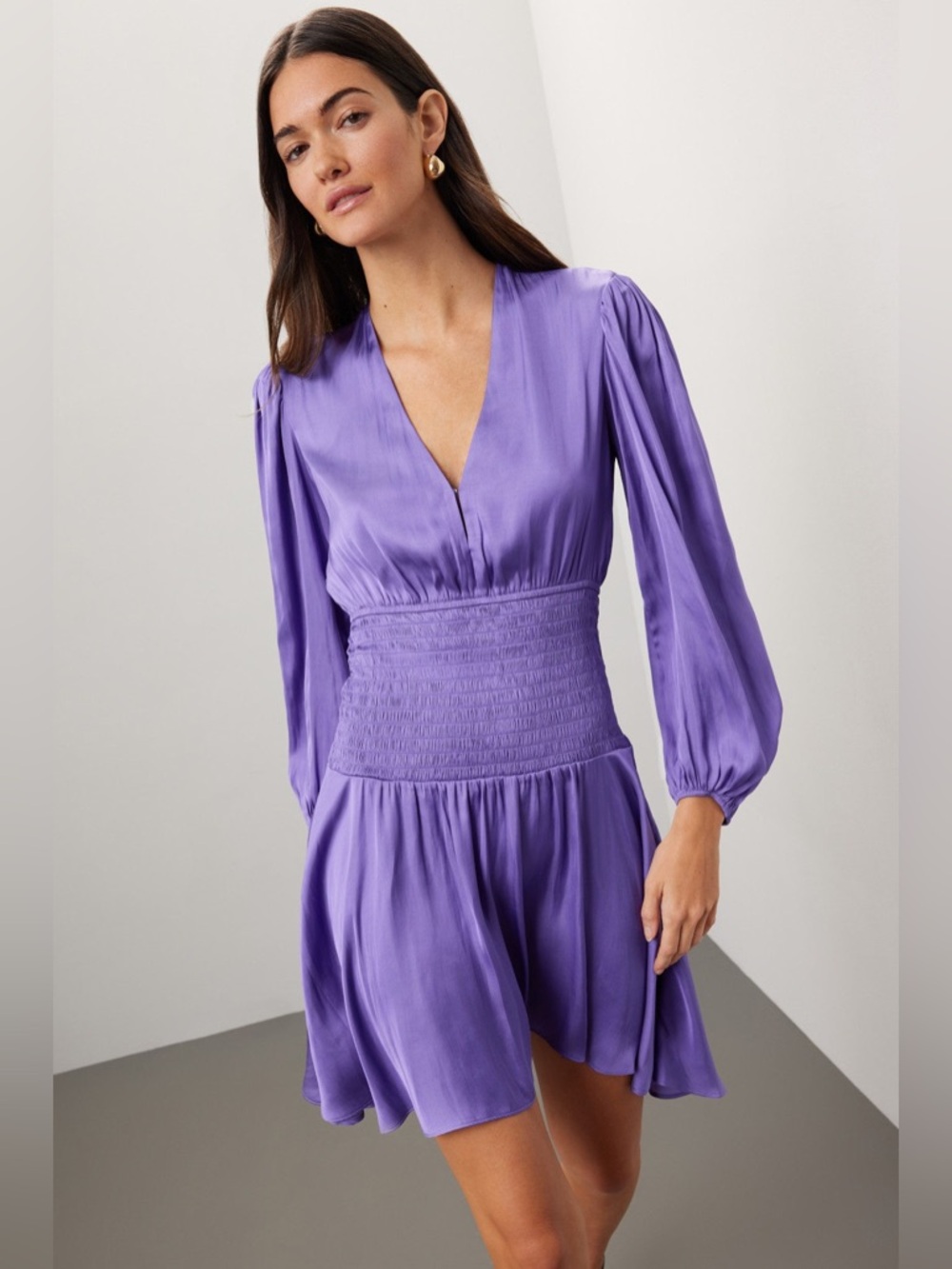 Maje Purple V-Neck Smocked Waist Long-Sleeve Mini Dress